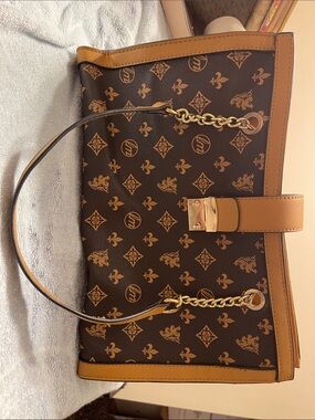 Tapered Tote Bag in Brown and Tan with Gold Accents